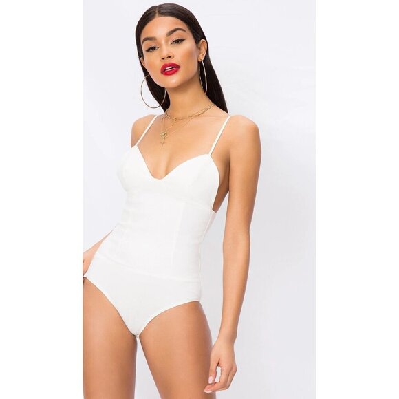 Superdown Rocky Denim Spaghetti Strap Bodysuit White Womens Size XS - Picture 2 of 13